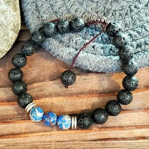 Handcrafted Chakra Bracelet Blue Aqua Terra Jasper Black Lava